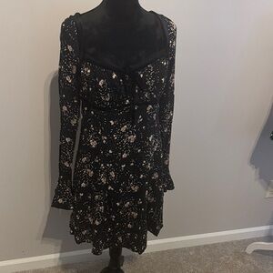 Free People Black and Cream Floral Long Sleeve Dress